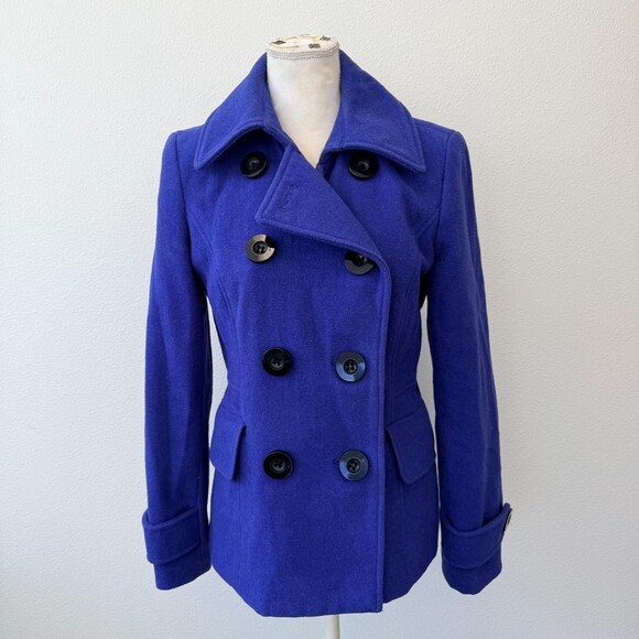 Charter Club Blue Pea Coat Womens Purple Warm Wool Blend Double Breasted Size 4 - Picture 1 of 13